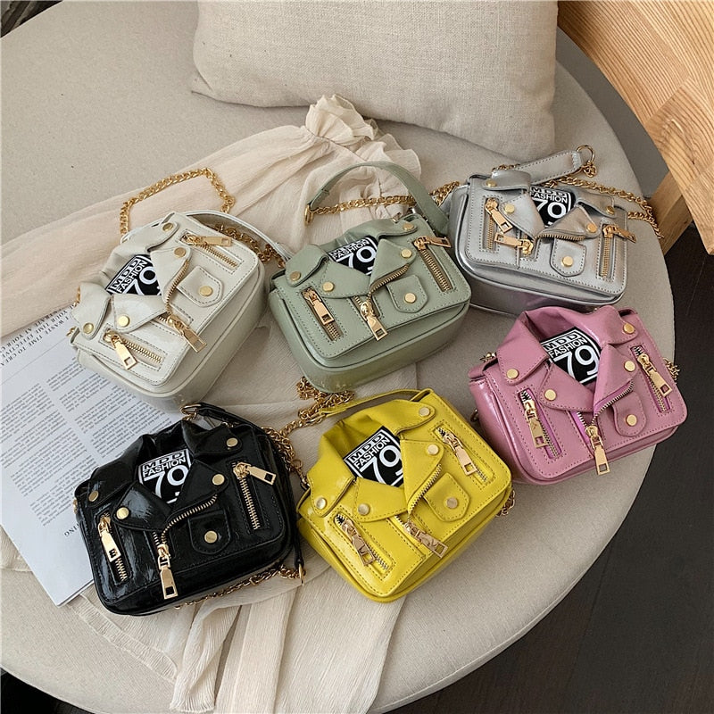 Chain Motorcycle Clothing Shoulder Zipper Jacket Women Leather Handbags